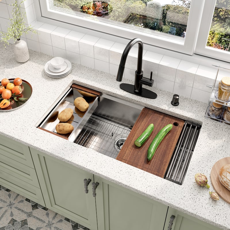 Nano Brushed Stainless Steel Undermount Workstation Kitchen Sink with Touchless Pull-Down Kitchen Faucet and Accessories