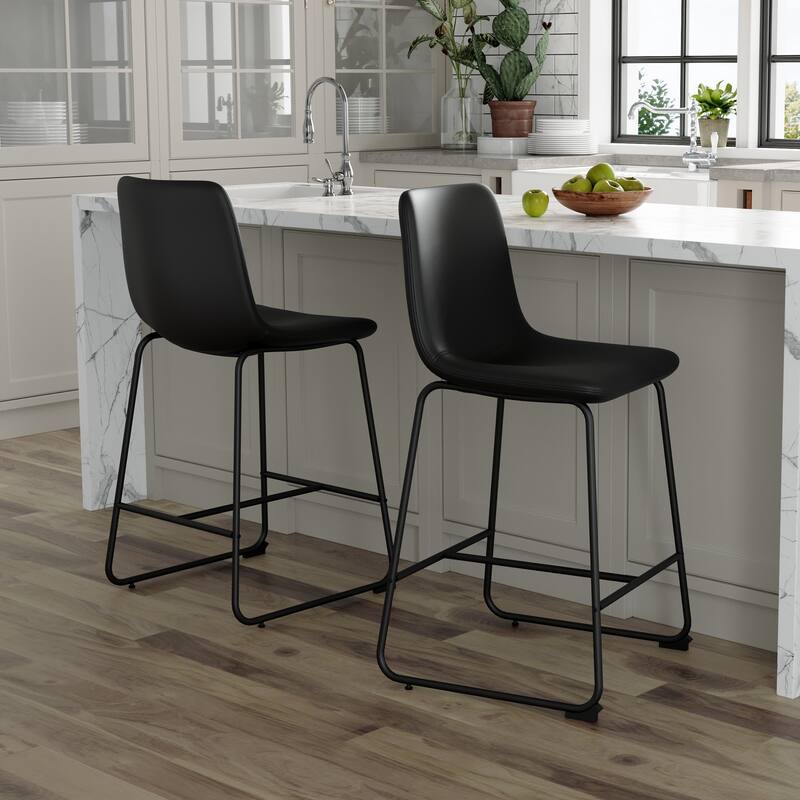 Set of 2 Faux Leather Bar Stools, Retro Dining Chair w/ Metal Legs & Non Slip Pads, 25.8'' Counter Height Bar Chairs w/ Footrest