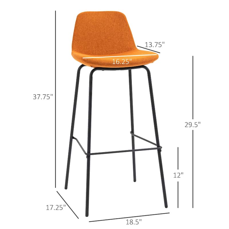 HOMCOM 29.5" Seat Height Bar Stools Set of 2, Upholstered Bar Chairs, Armless Barstools with Back, Steel Legs