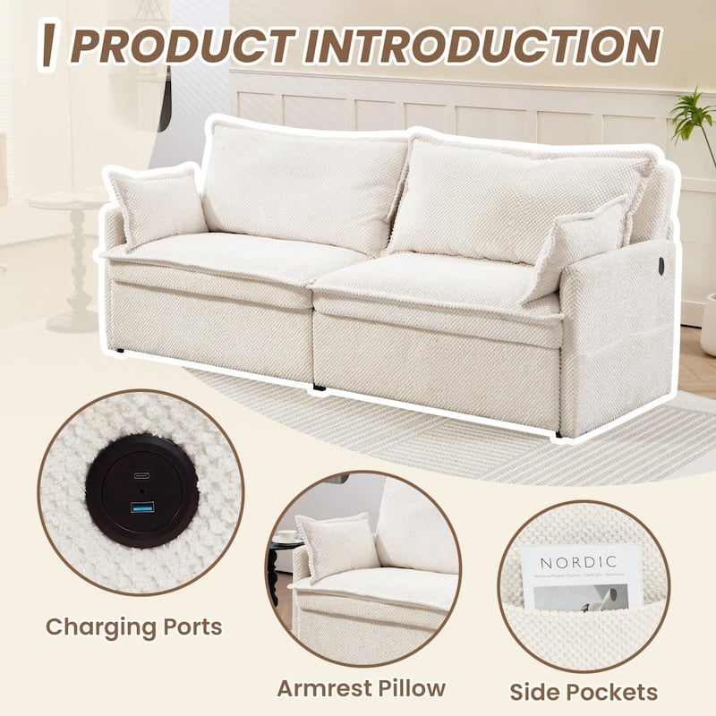 73.6" Corduroy Convertible 3-in-1 Sofa Bed with Charging Ports