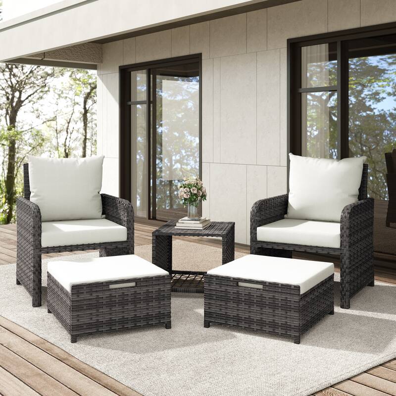 5-Piece PE Rattan Outdoor Patio Set with 2 Chairs, 2 Ottomans, Coffee Table - PE GRAY-Beige
