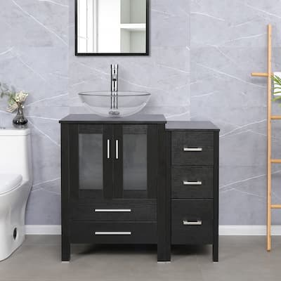 eclife 36" Bathroom Vanity Black Set with Side Cabinet Vessel Sink Faucet Combo