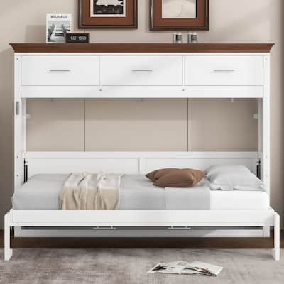 80" Wood Twin Size White Murphy Bed Foldabled Cabinet Bed with 3 Drawers