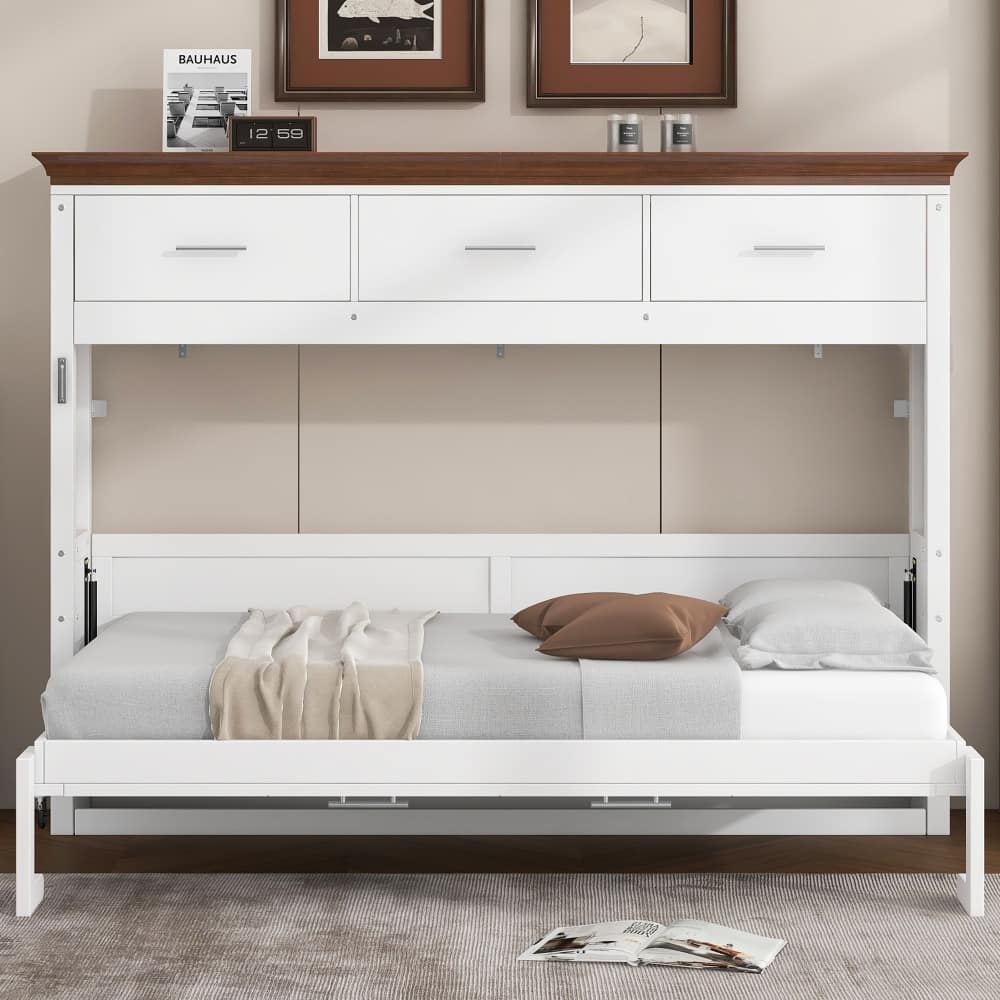 80" Wood Twin Size White Murphy Bed Foldabled Cabinet Bed with 3 Drawers
