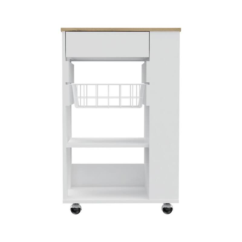 Kitchen Cart, 1 Drawer & 2 Open Shelves, 4 Casters, White & Light Oak - Mobile Storage Rack