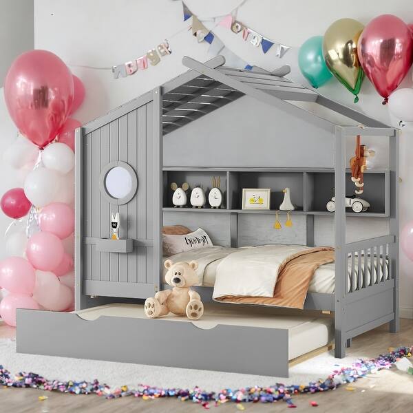 slide 2 of 32, Twin Size Wooden House Bed With Trundle With Storage Shlef for Home Grey