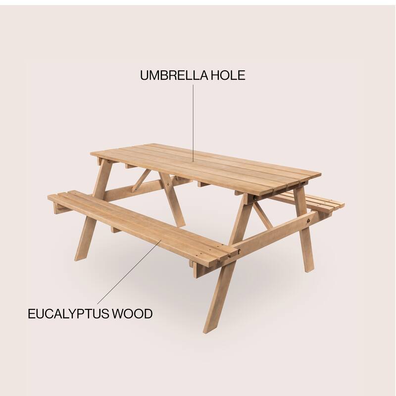 Porto 59" Modern Classic Outdoor Wood Picnic Table Benches with Umbrella Hole, by JONATHAN Y