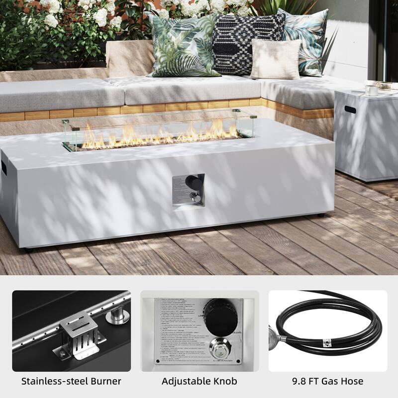 Patio Watcher Outdoor 56in. Rectangular Iron Fire Pit Table with Propane Tank Cover and Glass Wind Guard