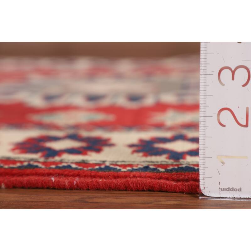 Geometric Red Kazak Oriental Accent Rug Hand-Knotted Wool Carpet - 3'5" x 4'11"