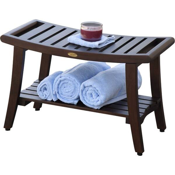 Compact Curvilinear Teak Shower or Outdoor Bench with Shelf in Brown Finish Compact Curvilinear Teak Shower or Outdoor Bench with Shelf in Brown Finish