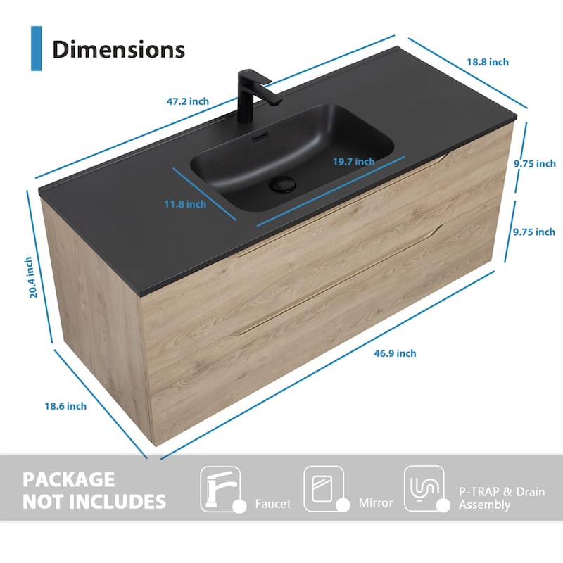 RupheonD 24"-48" Floating Bath Vanity in Evita Oak with Black Quartz Top