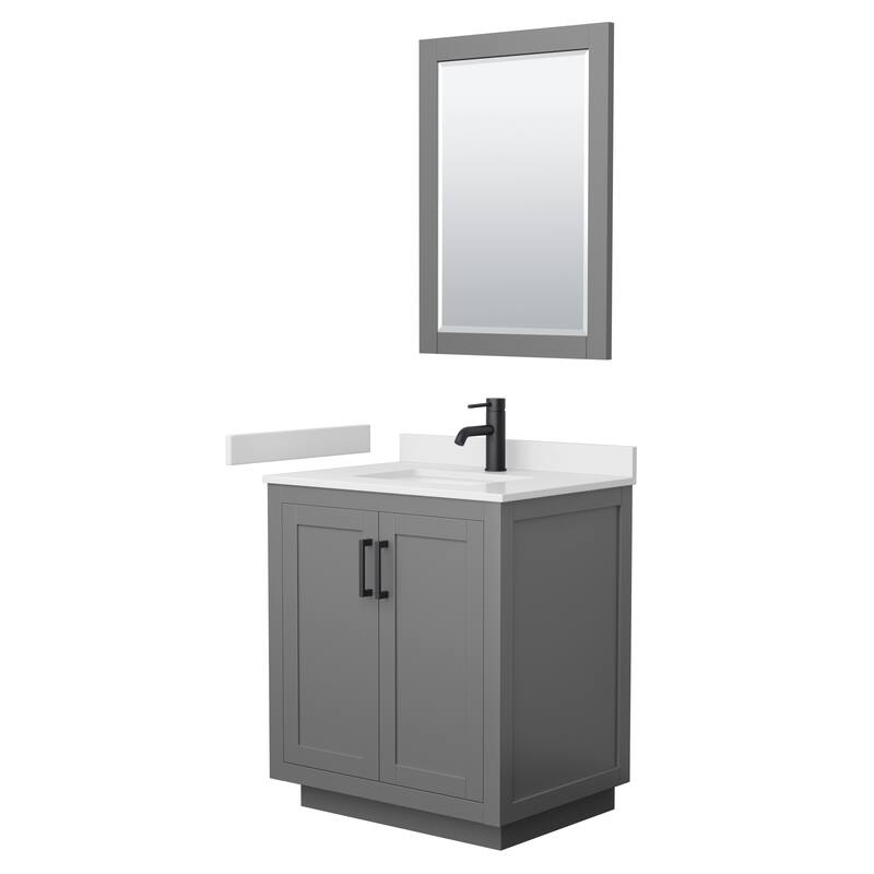 Miranda Single Vanity Set, Cultured Marble Top, 24-Inch Mirror - Dark Gray, Black Trim, White Cultured Marble Top