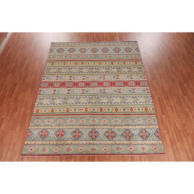 Hand Knotted Oriental 100% Wool Carpet Traditional Geometric Multi-Colored Kazak Area Rug - 11' 3'' X 9' 1''