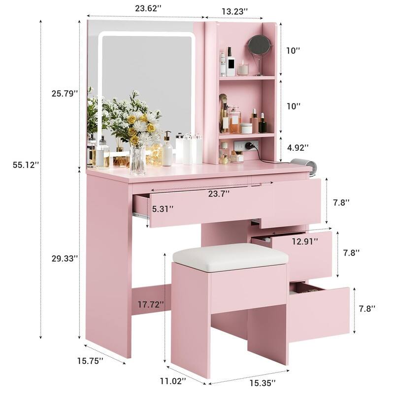 Vanity Desk with LED Mirror, Charging Ports, Storage Stool, Drawers, Hair Dryer Holder