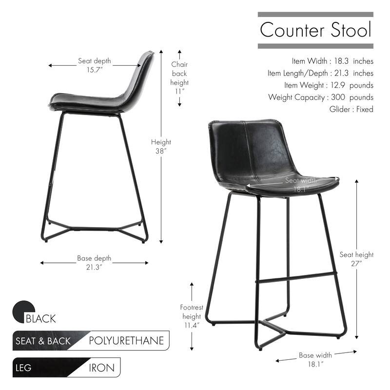 Porthos Home Avri Counter & Bar Stools Set of 2, PU Leather, Cross Sled Legs