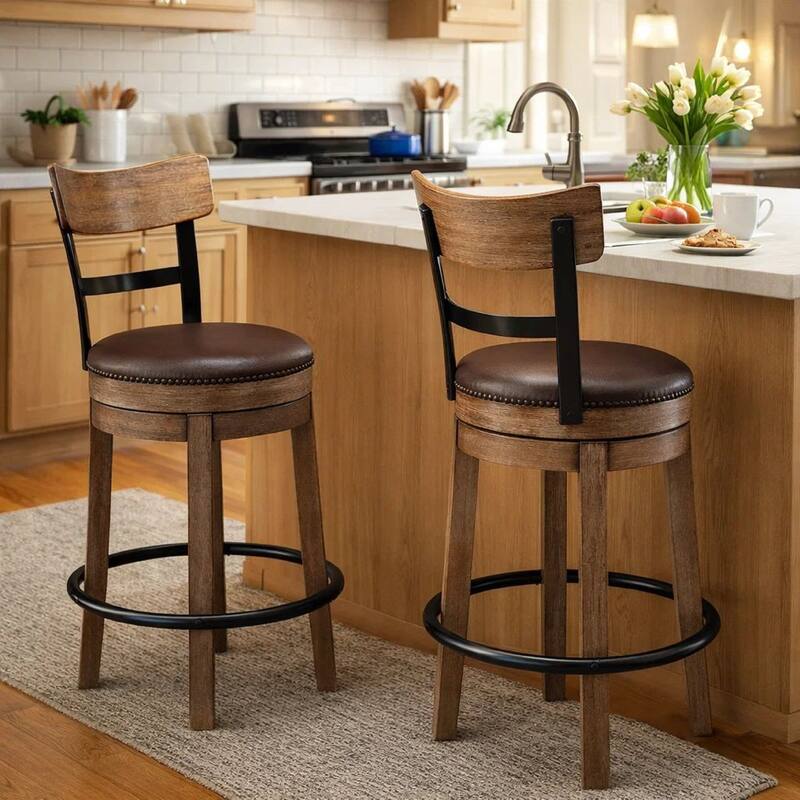 Pine Swivel Counter Height Stool Chair, 24 Inch, Brown Faux Leather