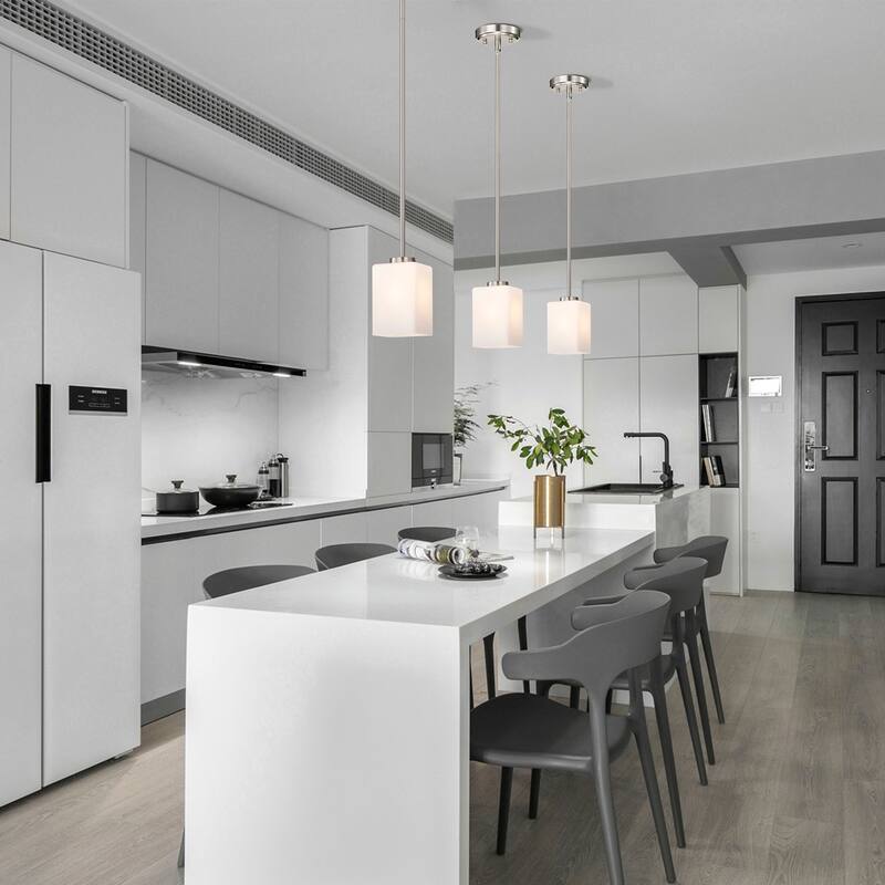 Brushed Nickel 1-Light Modern Mini Pendant with Pyramid Shaped Etched White Glass Shade