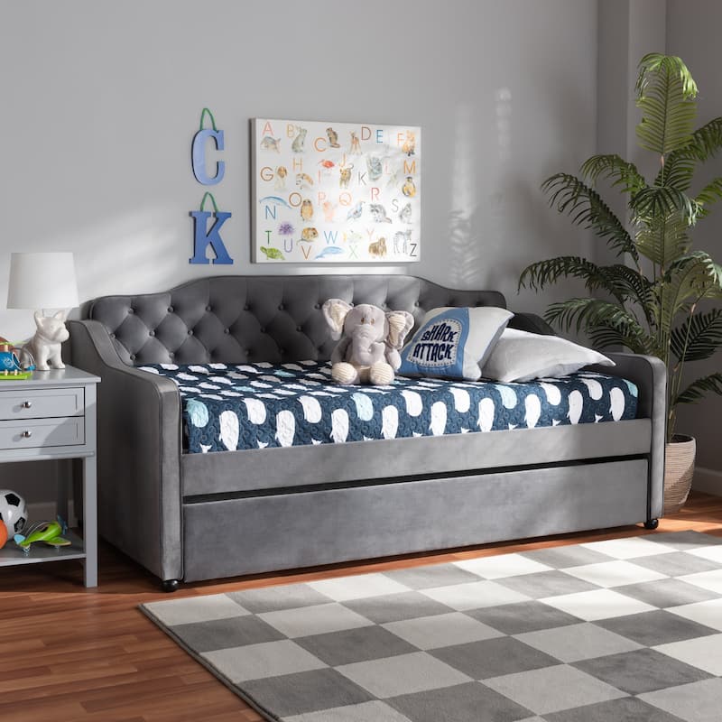 Grey Upholstered Twin Daybed with Trundle, Pleated Textured Fabric and Sleek Design for Modern Guestroom Use