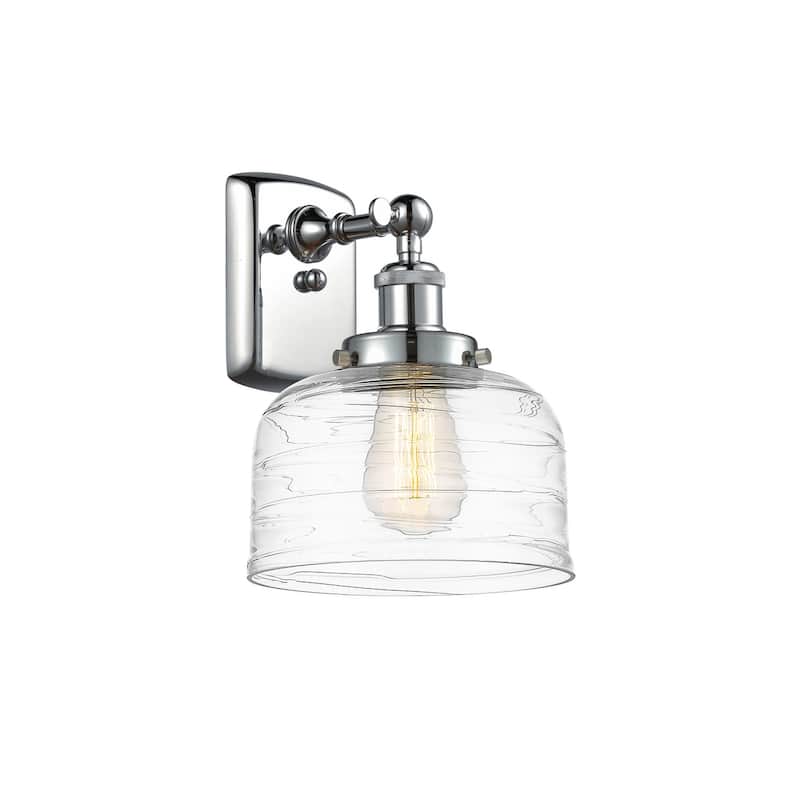 Innovations Lighting 916-1W-13-8 Bell Sconce Bell 13" Tall Wall Sconce - Polished Chrome / Clear Deco Swirl