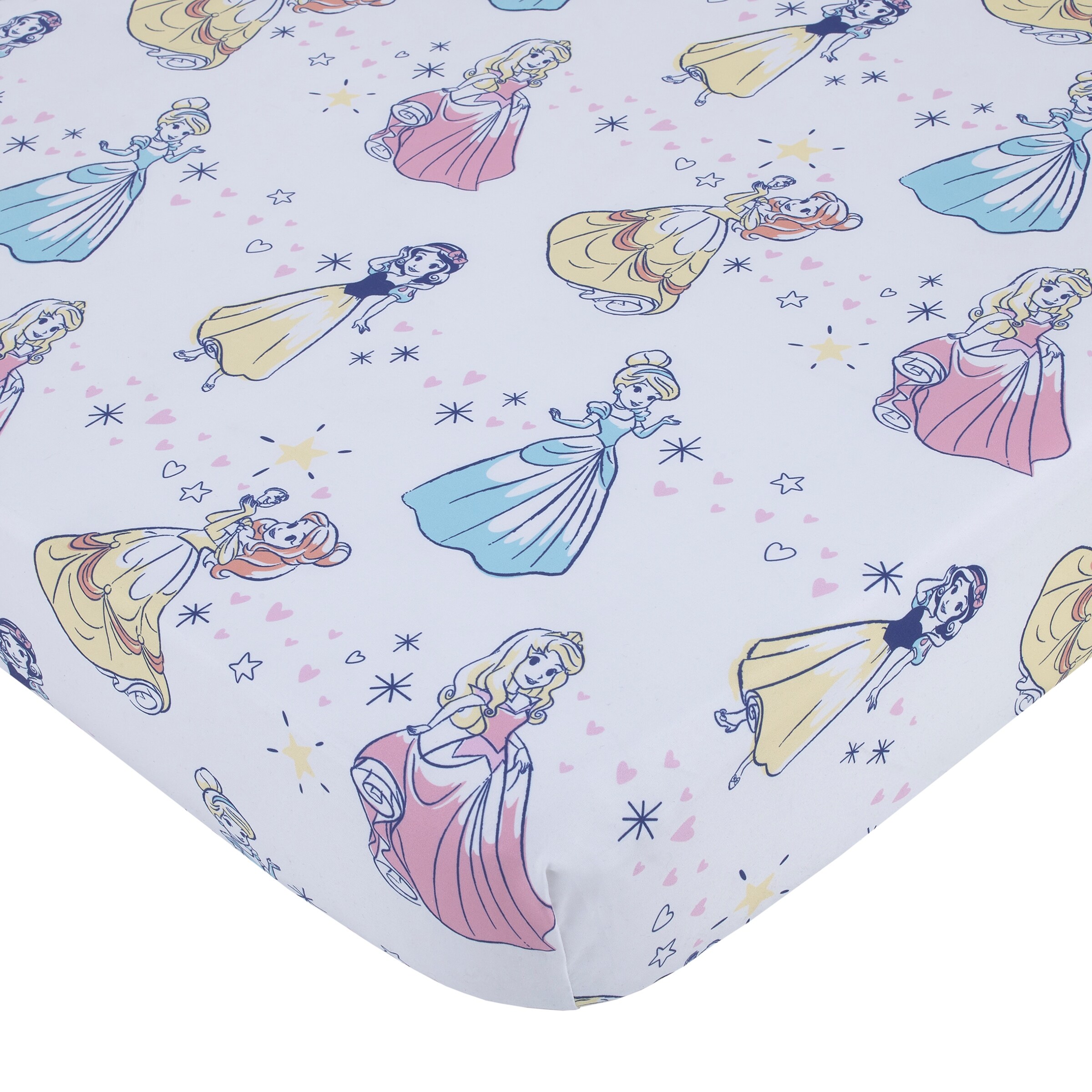 Disney Little Princess Stars Hearts Cinderella Snow White Belle Aurora 6Piece Nursery Crib Bedding Set Pink Blue Yellow White