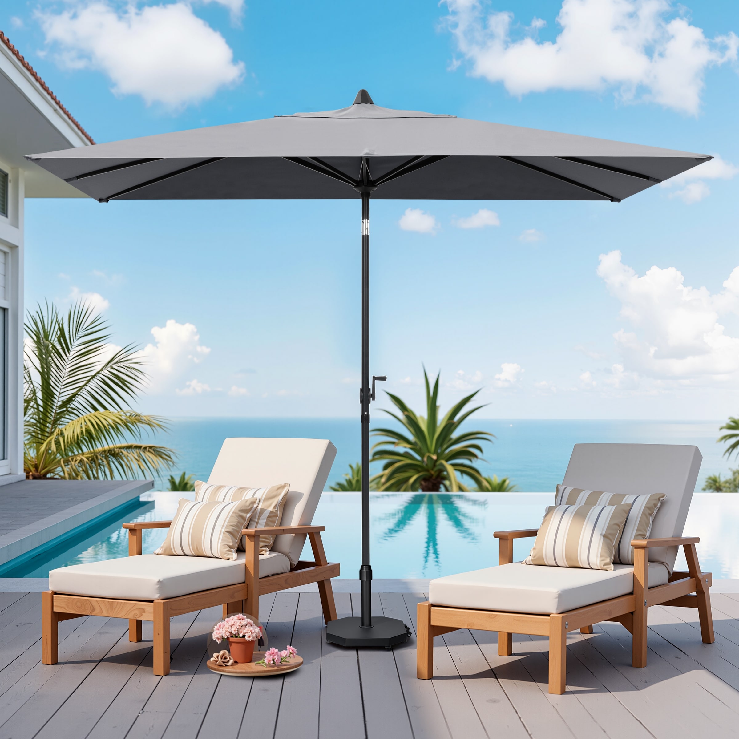 9 x 5 FT Outdoor Patio Rectangular Market Umbrella and Base Stand with Wheels