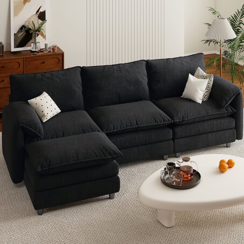 Modern Velvet L Shaped Couch 108" Modular Sectional Sofa with Movable Ottoman - Black