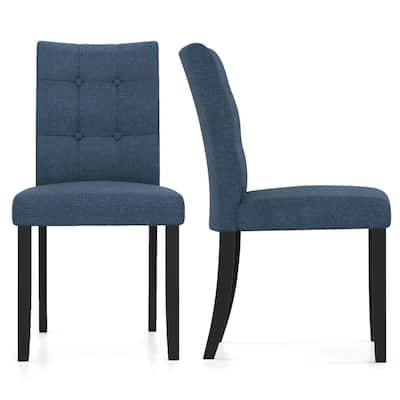 Dark Blue Rubber Wood Dining Chairs Set of 2 with Button Tufted Back Linen Fabric - 25" x 19.5" x 36"