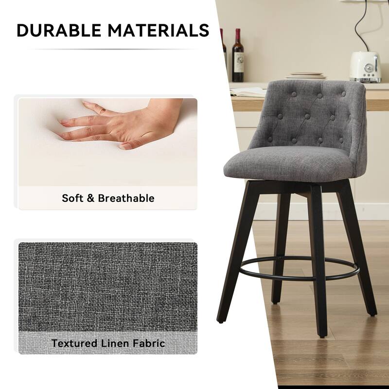 25" Swivel Bar Stools Set of 2-Modern Counter Height Stools with Linen Upholstery&Button Tufted Back, Solid Wood Frame Barstools