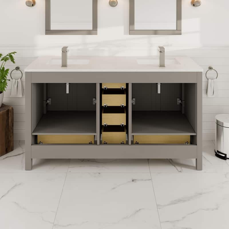 Eviva London 60"W Gray DS Bath Vanity with White Carrara Quartz Top