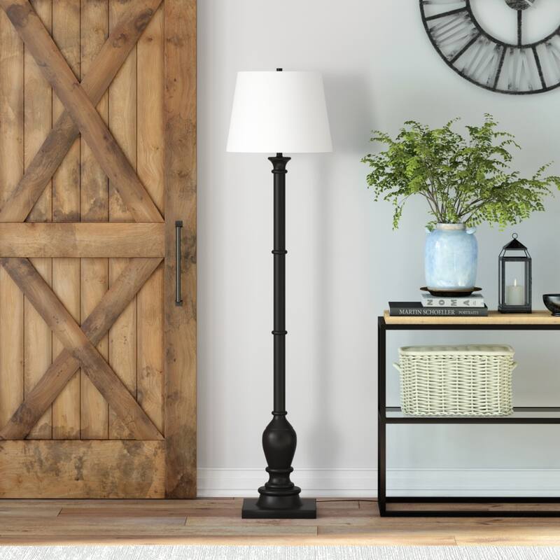 66" Standing Black Traditional Shaped Floor Lamp with Metal Base and White Empire Shade for Living Room or Bedroom