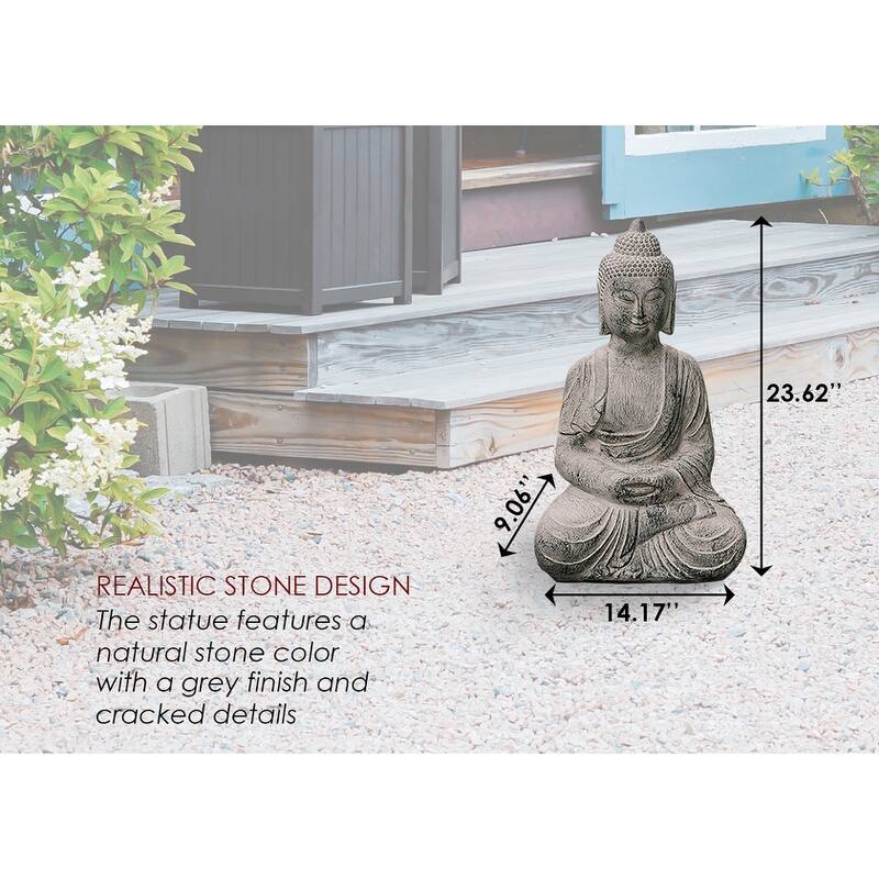 XBrand Indoor Outdoor Polyresin Meditating Sitting Buddha Zen Statue, 23.6 Inch Tall, Grey