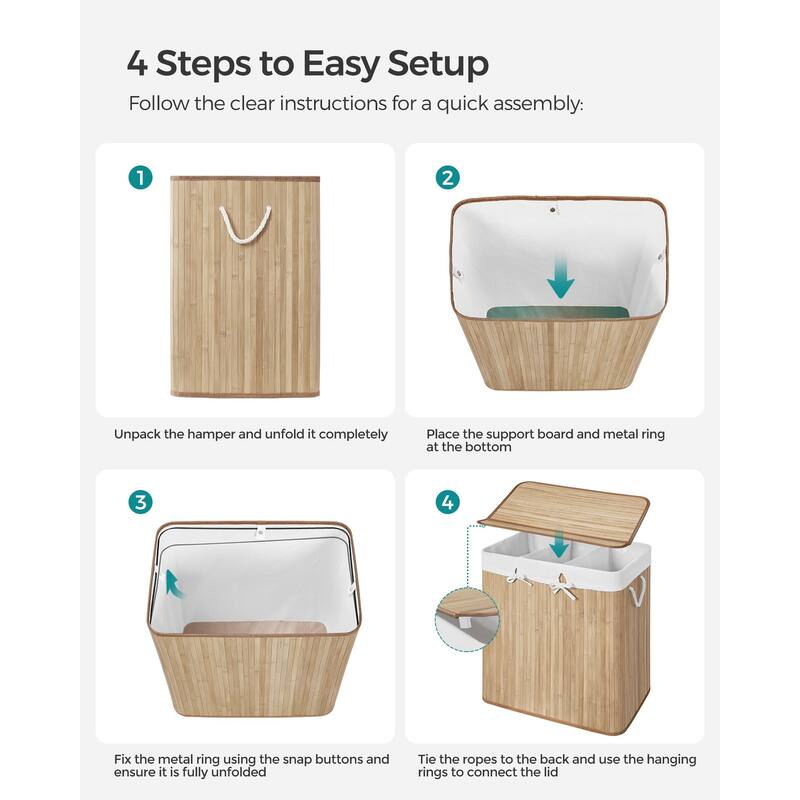 Laundry Hamper, 39.6 Gallons (150L),3-Section Laundry Basket, Laundry Hamper with Lid, Bamboo,Removable & Machine Washable Liner