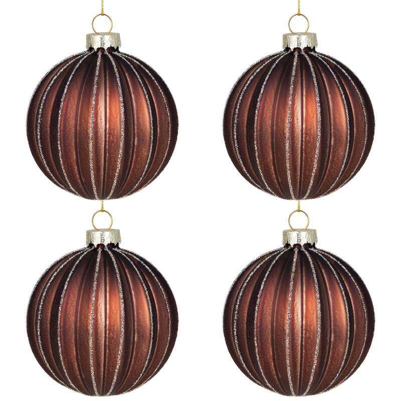 4ct Champagne Chocolate Glittered Ball Christmas Ornaments 3" 80mm
