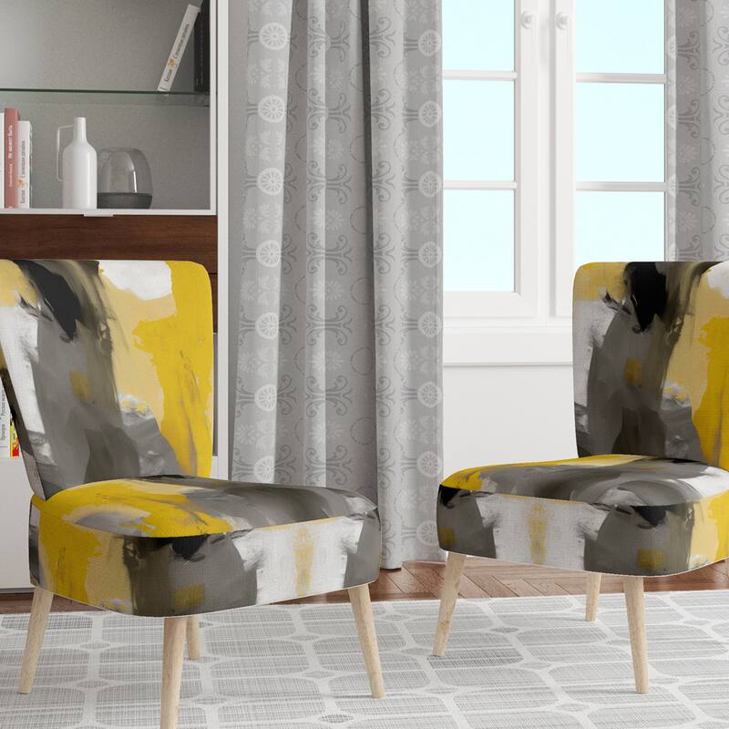 Designart "Mustard Yellow And Vivid Gray II" Upholstered Abstract Accent Chair and Modern & Contemporary Arm Chair - Side Chair