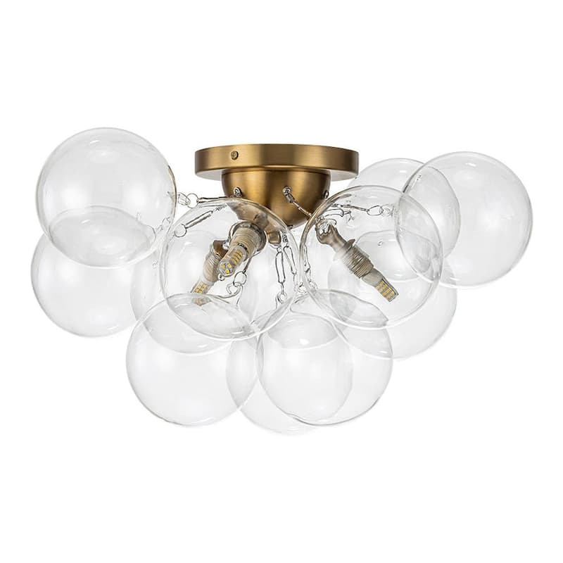 3-Light Clear Glass Globe Bubble Semi Flush Chandelier - Brass 18in