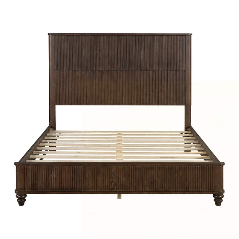 Solid Wood Bed Frame with Tall Headboard - Walnut - Queen