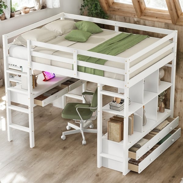slide 2 of 15, White Full Size Loft Bed with Built-in Desk,Drawers,Cabinets and Storage Shelves for Space-Saving