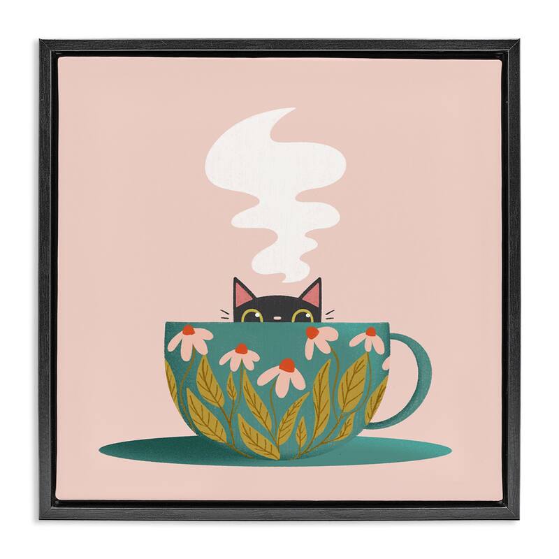 Stupell Cat Peeking Over Teacup Framed Floater Canvas Wall Art Design By Sarah Hickman - 18 x 18 - Black