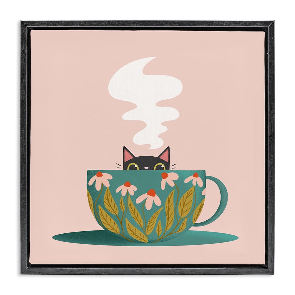 Stupell Cat Peeking Over Teacup Framed Floater Canvas Wall Art Design By Sarah Hickman