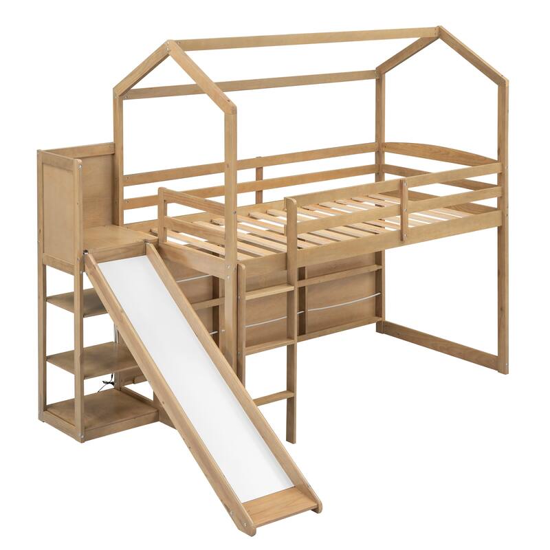 Twin House Loft Bed with Slide, Shelves, and Light for Kids