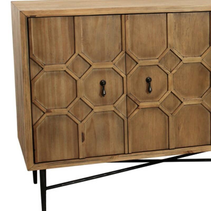 HomeRoots 91" Natural Distressed Solid Wood Carved Geometric Sideboard with Six Doors - 91.00 in. x 32.00 in. x 20.00 in.