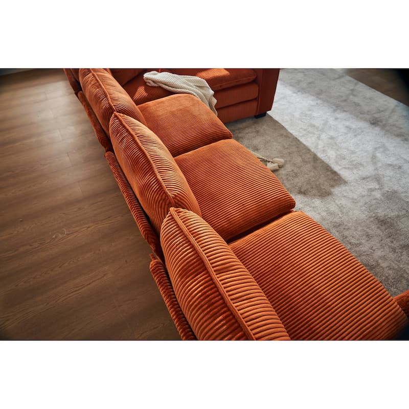 Orange 118.1'' Luxurious U-Shaped 6-Seat Sectional Sofa with Ottoman and 3 Throw Pillows in Durable Corduroy