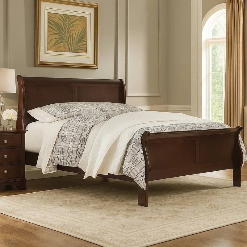 Deyr Queen Size Sleigh Bed, Louis Philippe Moulding, Warm Brown