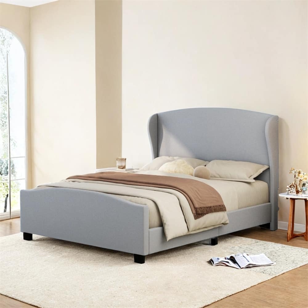 King Size 51" High Headboard Wingback Linen Upholstered Bed