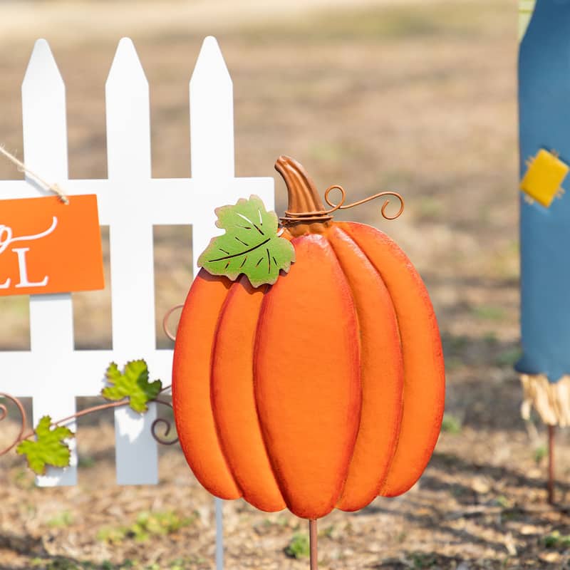 Glitzhome Welcome Fall Metal Scarecrow Corns Pumpkin Fence Yard Stake Halloween Thanksgiving Decor