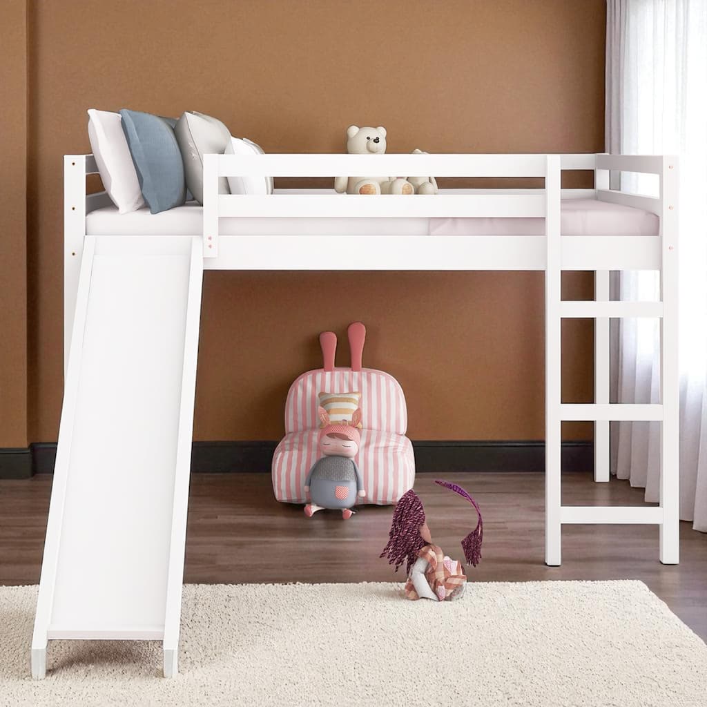 Full Size Wood Loft Bed with Slide, Ladder, and Guardrails, No Box Spring Needed