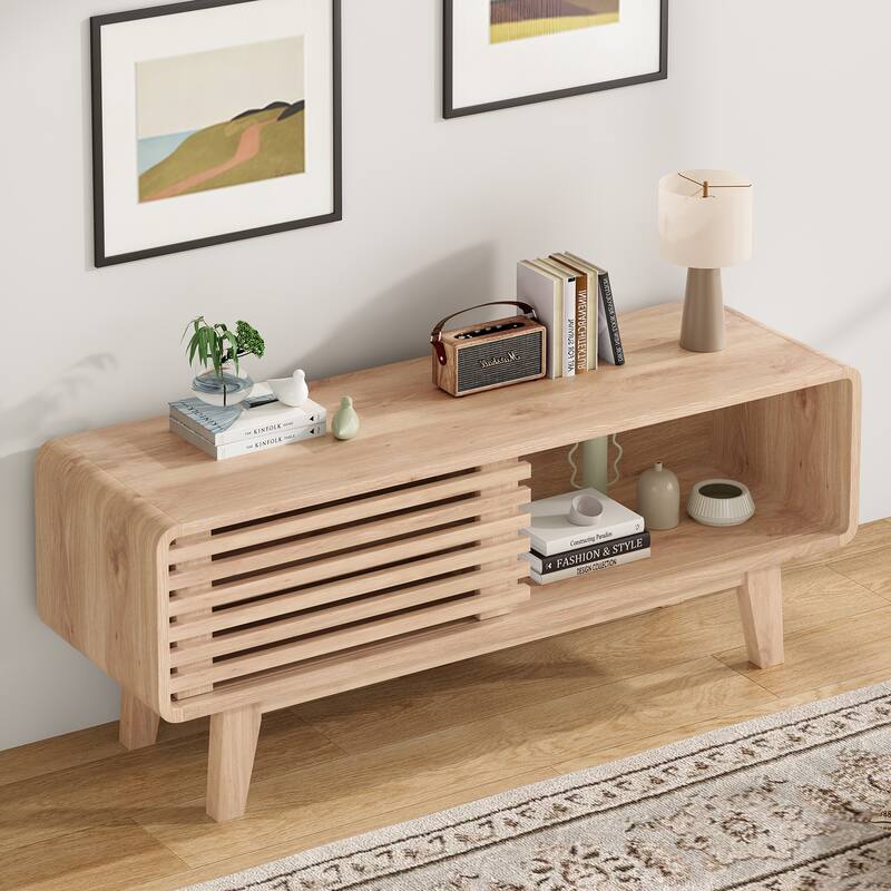 Rossetta Mid-Modern Century Concise Style TV Stand with Storage Cabinet and Sliding Door, up to 59'' - Natural