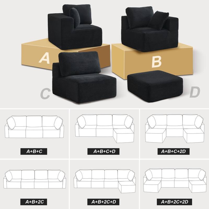 Convertible Corduroy Modular Sectional Sofa No Assembly Required