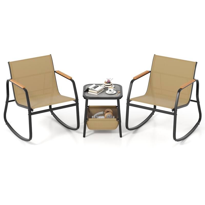 3 Piece Black-Brown Metal Fabric Patio Rocking Chairs with Table Storage - Chair: 29" x 24" x 29.5"