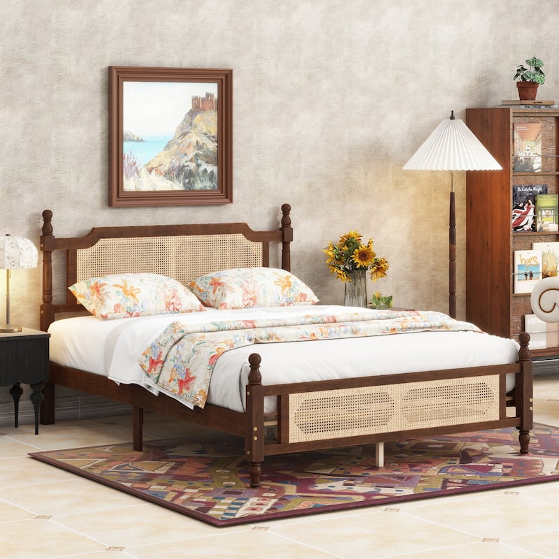 Low-profile Platform Bed with Rattan Headboard Footboard, Wood Slats and Central Enhanced Legs Support, No Box Spring Needed